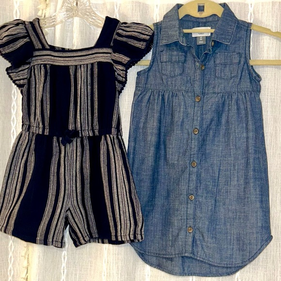 2 Old Navy 5T outfits. Navy & white romper and button up blue jeans dress - Picture 2 of 12